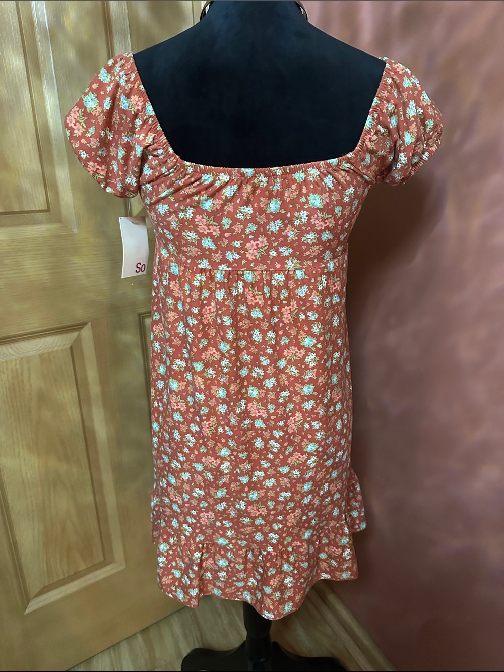 SO Rust Floral Short-Sleeve Babydoll Dress - Picture 4 of 4